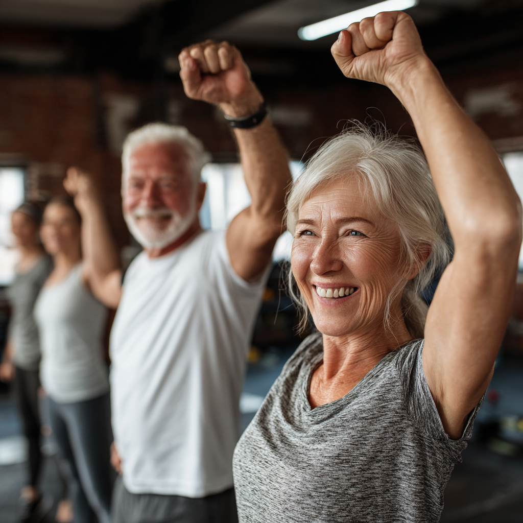 Group of white ukraniane mature adults celebrating fitness achievements in a supportive environment