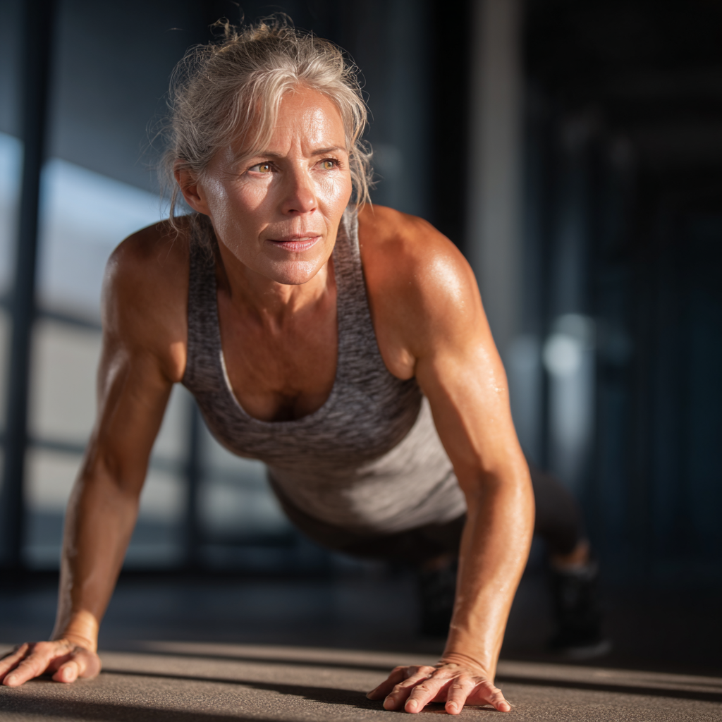 Middle-aged woman doing functional fitness exercises in natural lighting
